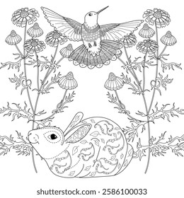 Antistress drawing for coloring. Colouring pictures with Rabbit and Flowers.  Ideal for those who want to feel more connected to nature.
