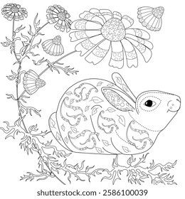 Antistress drawing for coloring. Colouring pictures with Rabbit and Flowers.  Ideal for those who want to feel more connected to nature.
