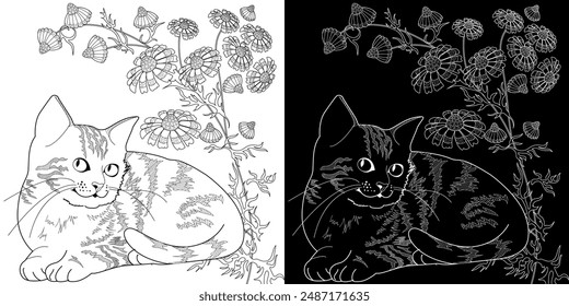 Antistress drawing for coloring. Flowers and  cat. Coloring Book for adults and children. Cute  background for wallpaper, gift paper, pattern fills, textile, greetings cards 