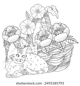 Antistress drawing for coloring. Flowers and  cat. Coloring Book for adults and children. Cute  background for wallpaper, gift paper, pattern fills, textile, greetings cards 
