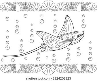 Piedras eléctricas antiestrés con bordes de conchas - imagen lineal vectorial para colorear. Esquema. Libro de colores con peces de estingria con zentangles para libro de colorantes.