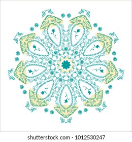 Anti-stress elegant mandala. Round ornament. Hand drawn blue, green on a white background. Fashion motif can be used to print on the phone, paper, textile.