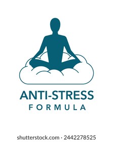 Anti-stress Formula stamp in flat symmetric style for sedative medication. Meditating silhouette on wavy background. 