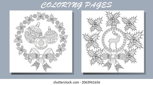 Antistress freehand sketch drawing with doodle and zentangle elements. Holiday christmas stickers. Cute Christmas background for wallpaper, gift paper, pattern fills, textile, greetings cards.