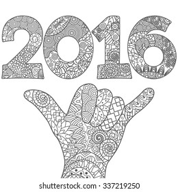 Anti-stress hand and number 2016 coloring with high detail and a lot of elements in the style of zentangle.