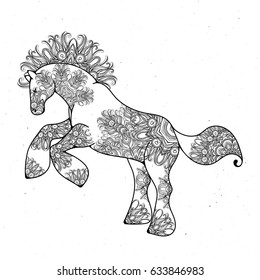 Antistress linear page with horse. Zentangle animal for colouring book, greeting card, mandala decoration element, art therapy. Yoga print