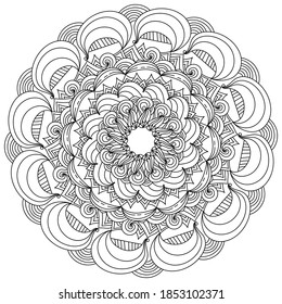 Antistress mandala coloring page with wide arches and curls, zen doodle patterns in the shape of a round frame outline vector illustration