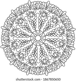 Antistress mandala with curls and arches, zen coloring page with doodle patterns and tangles vector illustration