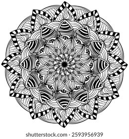 Antistress outline mandala with zen patterns, tangled coloring page vector illustration with striped petals and tangles for activity