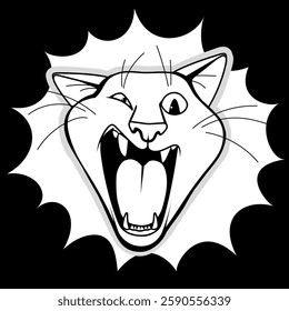 Antistress page for boys. Coloring page for boys. Aggressive and growling wild cat. Vector illustration.