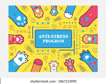 Anti-stress program background design with cat paws. Cute kitty paws on yellow background. Domestic animals and pets concept. Template for promotional or invitation card