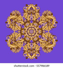Anti-stress therapy with gloden elements. Decorative round ornament. Yoga logo, background for meditation poster. Vector isolated Mandala on a violet background. Unusual flower shape oriental line.