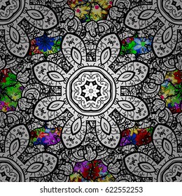 Anti-stress therapy pattern. Decorative round ornament. Vector outline Mandala on colorful background. Yoga logo, background for meditation poster. Design element. Unusual flower shape oriental line.