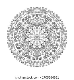 Pauta de terapia antiestrés. Esquema de Mandala para el libro de colorear. Elemento de diseño de tejido. Estilo de yoga, fondo para el cartel de meditación. Forma inusual de flor. Vector oriental.