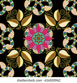 Anti-stress therapy pattern. Yoga logo, background for meditation poster. Leaves. Decorative round ornament. Pink. Vector outline Mandala on black background. Weave design element.
