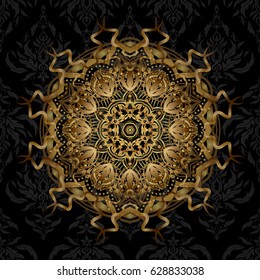 Anti-stress therapy pattern. Yoga logo, background for meditation poster. Vector outline Mandala on black background. Decorative round ornament. Unusual shape oriental line. Weave design element.