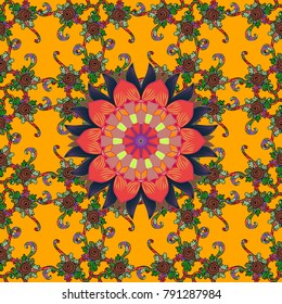 Anti-stress therapy pattern. Yoga logo, background for meditation poster. Weave design element. Vector outline Mandala on yellow, pink, red and green colors. Unusual flower. Decorative round ornament.