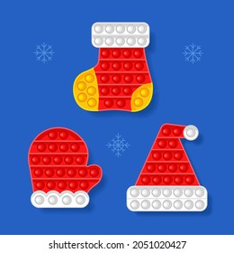 Anti-stress toy. New Year's theme. Mitten, hat, sock. Vector illustration