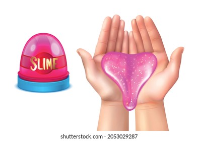 Antistress toy realistic composition with glitter pink slime in human hands and package isolated vector illustration