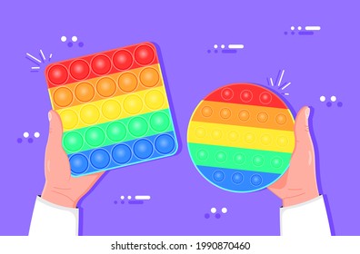 Antistress toys fidget sensory pop it 2021 and simple dimple in hand. Hands with simple dimple. Two variation of simple dimple.