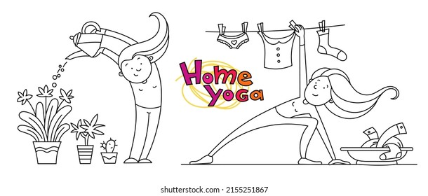 Antistress vector coloring book of a girl who does housework and practices yoga at home. on a white background