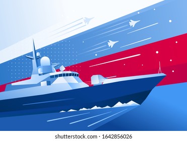 Anti-submarine military boat card. Defender of the Fatherland Day in Russia. May 9 Victory Day. Vector illustration