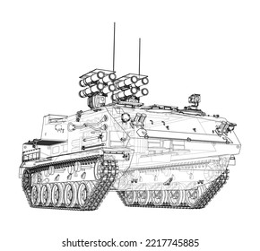 Panzerabwehrwagen Vektorgrafik von 3d. Wire-Frame-Stil. Die Schichten sichtbarer und unsichtbarer Linien sind getrennt