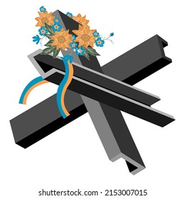 Panzerabwehrurchin, blaues und gelbes Band und ein Kranz von Sonnenblumen.Sechs-Punkte-Kreuz aus einem Metallprofil und ukrainischen Symbolen.Vektorflachisometrische Illustration auf weißem Hintergrund.