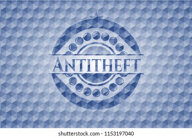 Antitheft blue emblem or badge with abstract geometric polygonal pattern background.