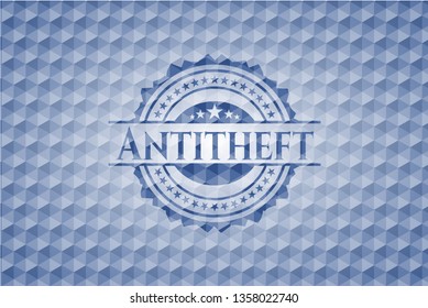 Antitheft blue emblem or badge with geometric pattern background.