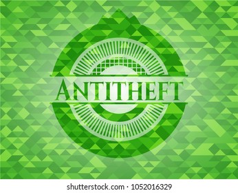 Antitheft realistic green emblem. Mosaic background