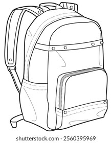 Anti-theft school bag flat sketch vector illustration technical cad drawing template