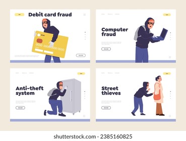 Anti-theft system, bank card fraud, computer hacking, street robbery lading page design template