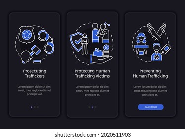 Anti-trafficking dark onboarding mobile app page screen. Stop trafficking walkthrough 3 steps graphic instructions with concepts. UI, UX, GUI vector template with linear night mode illustrations