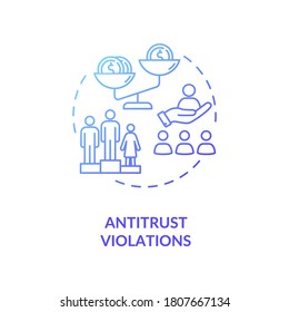 Icono de concepto de violaciones antimonopolio. Regulación anticompetitiva. Crimen corporativo común en Estados Unidos. Ilustración de la delgada línea de la idea de derecho competitivo. Dibujo de color RGB con contorno aislado de vectores