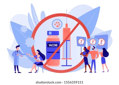 Anti-vaccination protest, people rejecting preventive medicine. Vaccine refusal, mandatory immunization, vaccination hesitancy concept. Pinkish coral bluevector vector isolated illustration