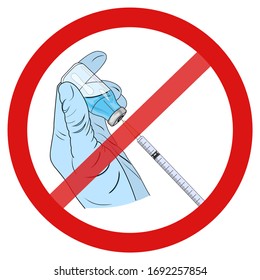 Anti-vaccination symbol. Hands wearing surgical gloves and holding syringe with vaccine in red crossed circle. Vector illustration isolated on white background