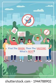 Anti-vaccine movement poster flat vector template. Activists protest during covid. Brochure, booklet one page concept design with cartoon characters. Anti-vax campaign. flyer, leaflet