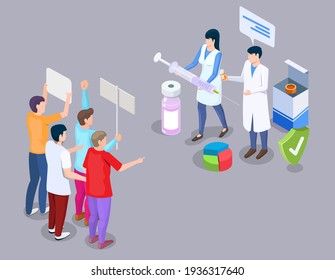 Anti-vaccine protest concept vector illustration in 3d isometric style. Anti vax movement. People protesting against mandatory vaccination and doctors with syringe.
