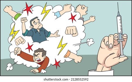 Ilustración vectorial del concepto de protesta contra la vacuna. Gente protestando contra la vacunación obligatoria y mano con jeringa.