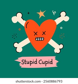 Anti-valentine day concept card. The broken dead heart and Stupid Cupid illustration. Doodle style clipart.