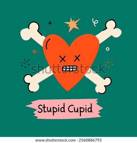 Anti-valentine day concept card. The broken dead heart and Stupid Cupid illustration. Doodle style clipart.