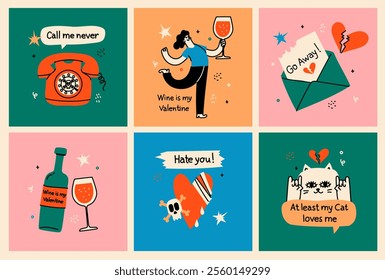 Anti-valentine day concept cards. Set of broken heart stickers. Heart, tears, parting, sadness, wine, cigarettes. Doodle style clipart.