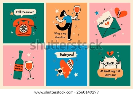 Anti-valentine day concept cards. Set of broken heart stickers. Heart, tears, parting, sadness, wine, cigarettes. Doodle style clipart.