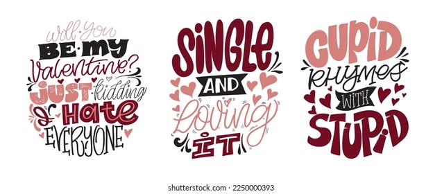 Anti-Valentine's Day postcard set. Love be be single. Vector.