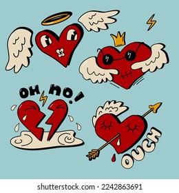 Anti-Valentine's Day set. Broken heart, arrow pierced wounded heart clip art. Vector illustration cartoon. 