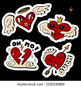 Anti-Valentine's Day stickers set. Broken heart, wounded heart clipart. Vector illustration in old cartoon retro style.