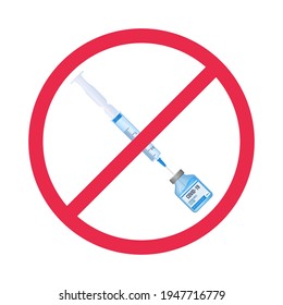 Anti-vax movement symbol. Syringe in prohibition sign. Fear and protest of covid vaccination, immunization refuse concept. Stock vector illustration in flat cartoon style isolated on white.