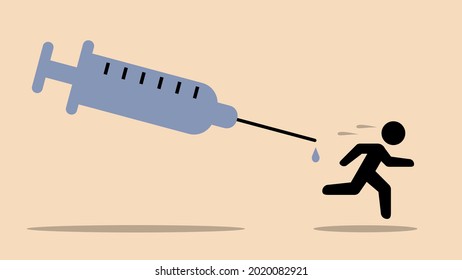 Anti-vaxxer or needle phobia conceptual vector illustration. Scared man is running away from big syringe.
