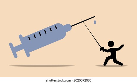 Anti-vaxxer Or Needle Phobia Conceptual Vector Illustration. Man Is Fighting Against Big Syringe.